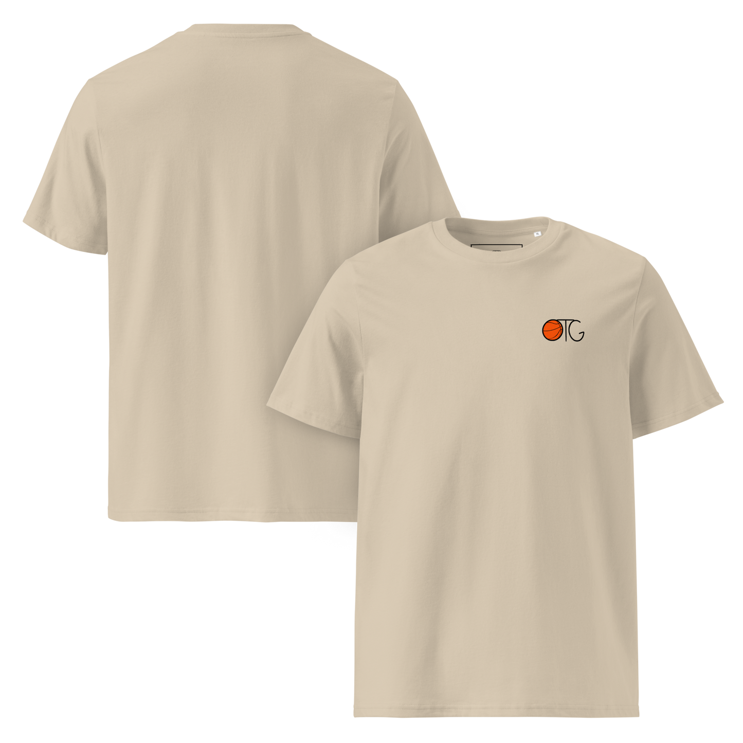 Beige t-shirt with small OTG basketball logo on chest