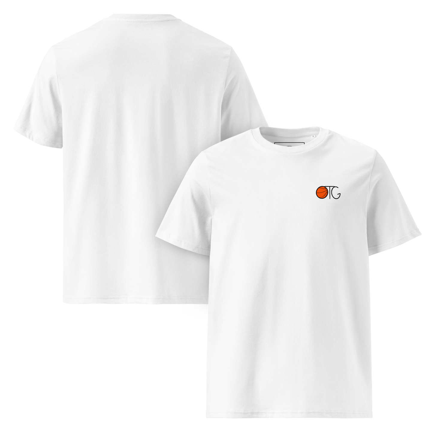 White t-shirt with small OTG basketball logo on chest