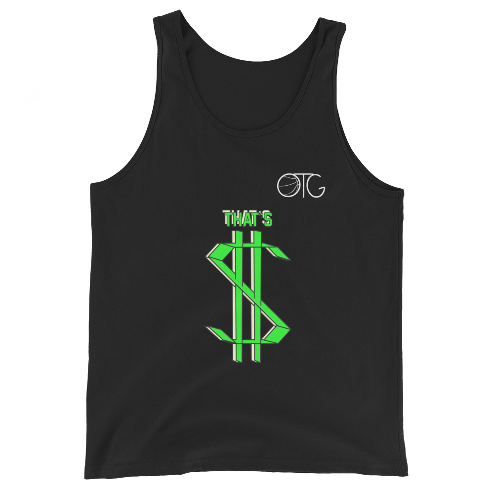 Black tank top with neon green dollar sign and small OTG logo