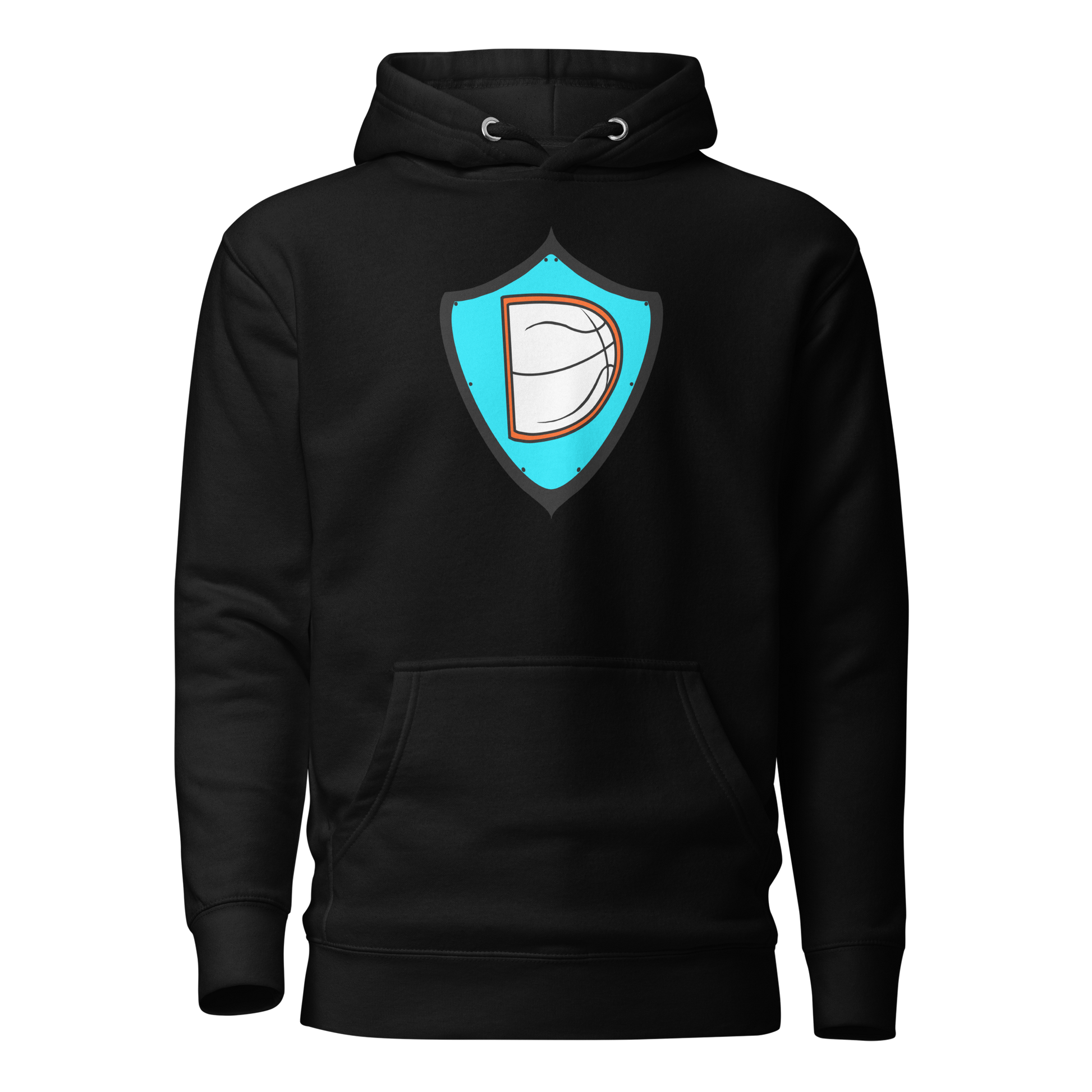Black hoodie with light blue and white OTG shield logo on chest