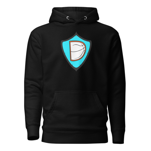 Black hoodie with light blue and white OTG shield logo on chest