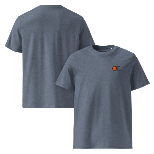 Heather blue t-shirt with small OTG basketball logo on chest