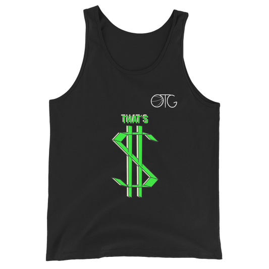 Black tank top with neon green dollar sign and small OTG logo